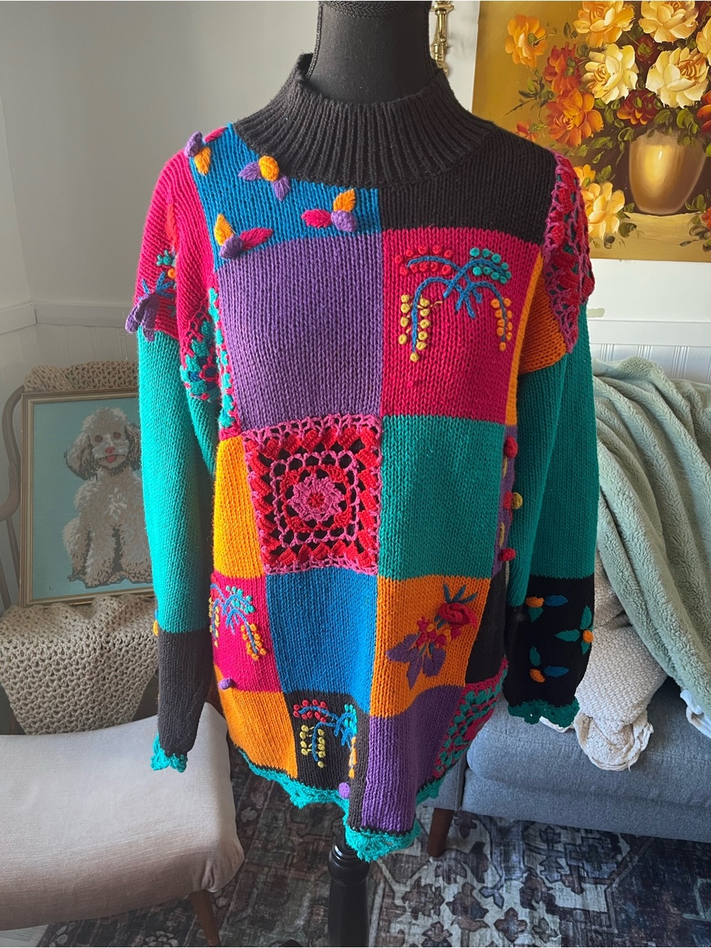 Women’s Vintage Colorblock Patchwork Sweater - Multicolor Size M